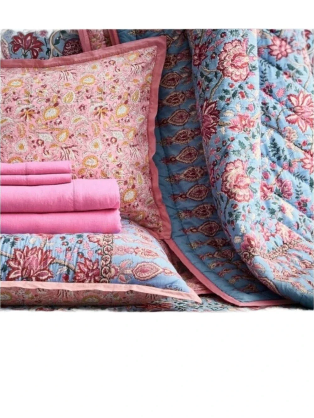 POTTERY BARN Shannon Reversible Kingsize Quilt w/ 2 Matching Shams In Pink/Blue